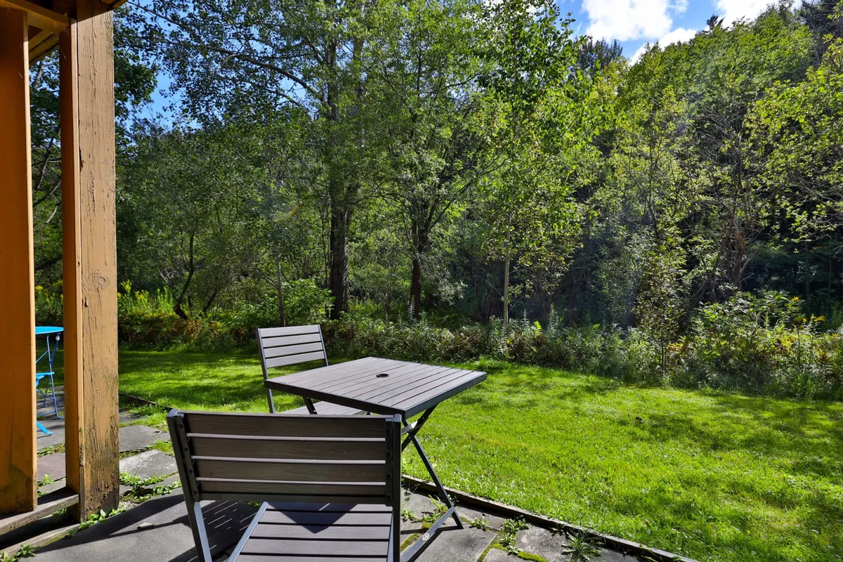 This exterior image captures a charming wooden patio area with a table and chairs, surrounded by lush greenery. The serene setting suggests the perfect spot for outdoor relaxation, dining, or stargazing, all with a scenic Vermont backdrop.